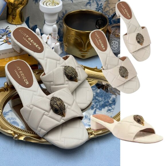 🆕 KURT GEIGER LONDON 🧿 NWOB Kensington Cream Quilted Block Heel Sandals Sz 7.5 - Picture 1 of 16